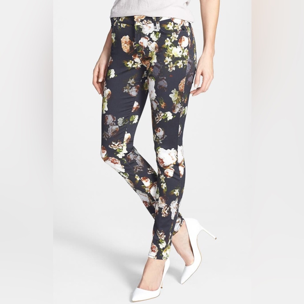 7 For All Mankind Floral Print Black Skinny Jeans Stretch Women Sz 26 Pants